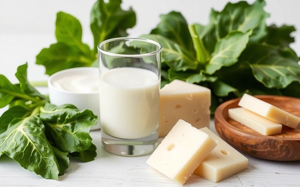 Szklanka mleka, jogurt, ser i zielone warzywa liściaste, jako źródła wapnia