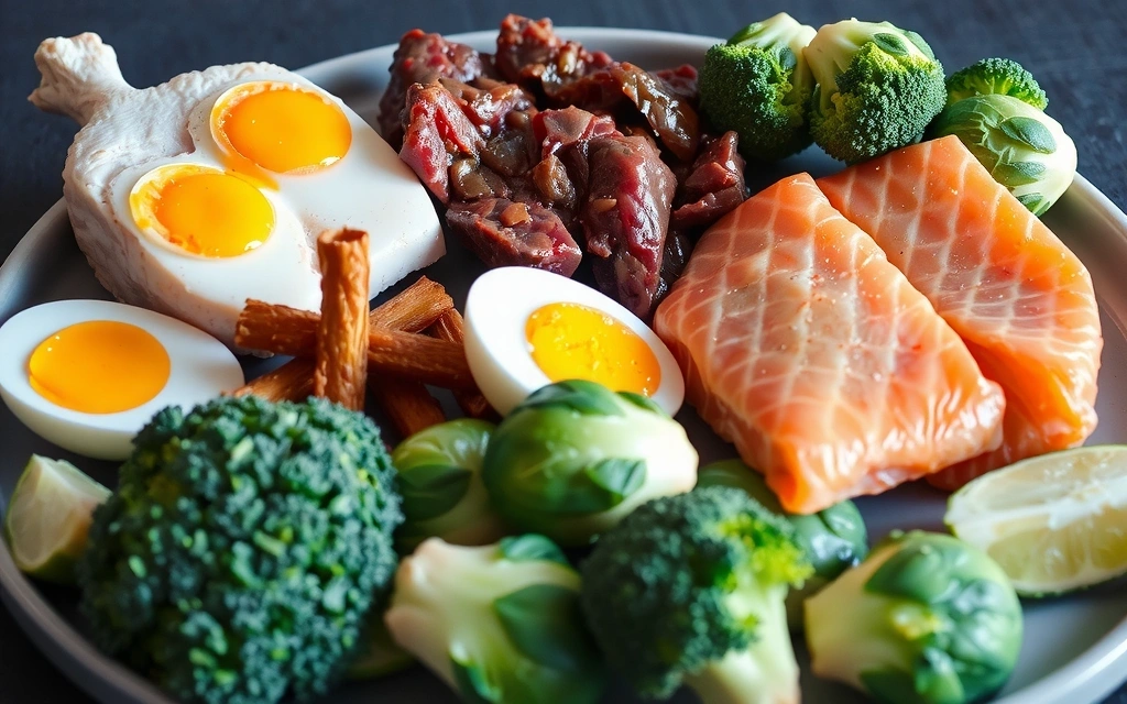 Zdjęcie jajek, wątróbki, ryb i zielonych warzyw, symbolizujące produkty bogate w cholinę