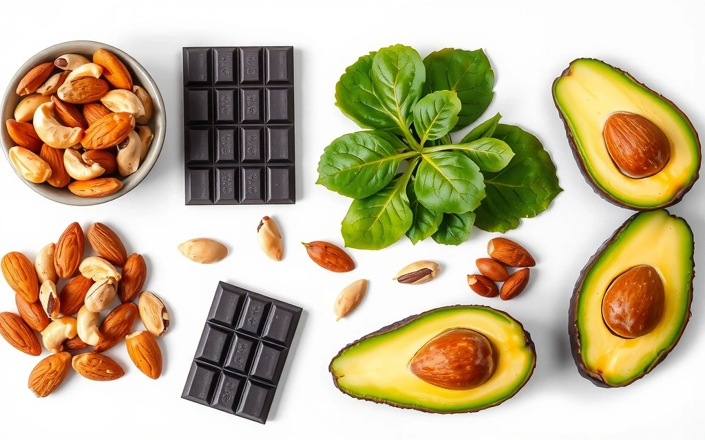 Zdjęcie orzechów, nasion, ciemnej czekolady i zielonych warzyw, jako źródeł magnezu