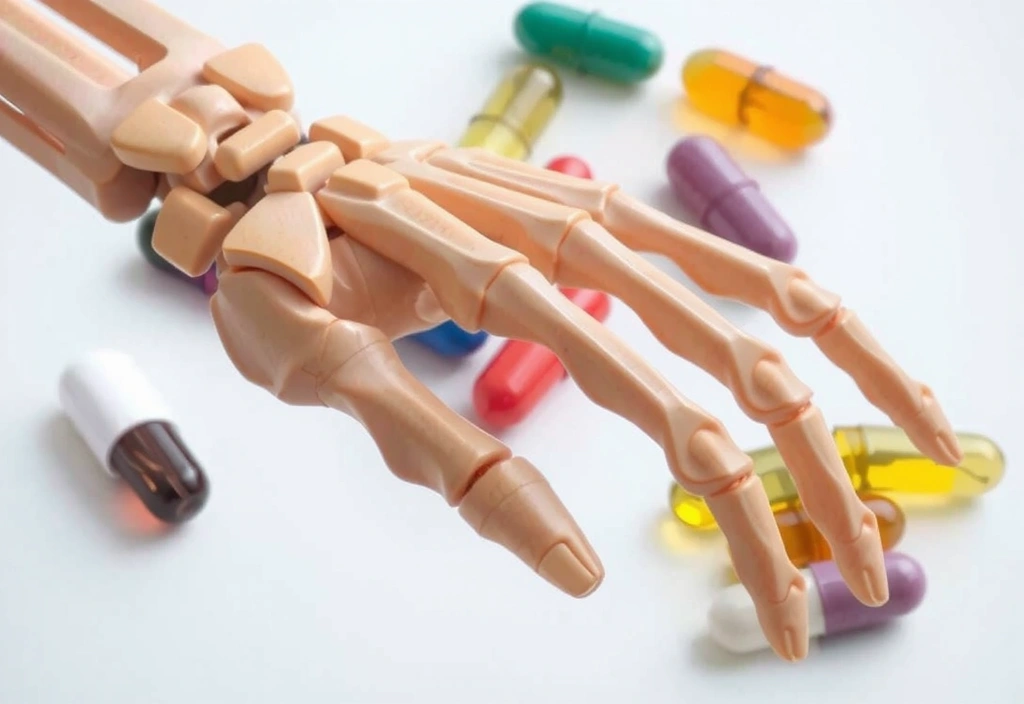 Szkielet dłoni z witaminami w tle, symbolizujący zdrowie kości.